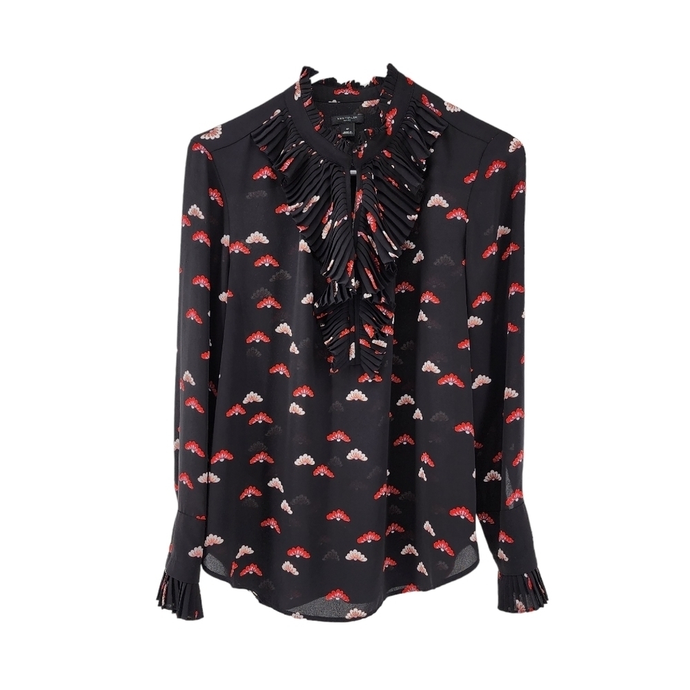 Ann Taylor Women's Pleated Ruffle Neck Printed Blouse - MP